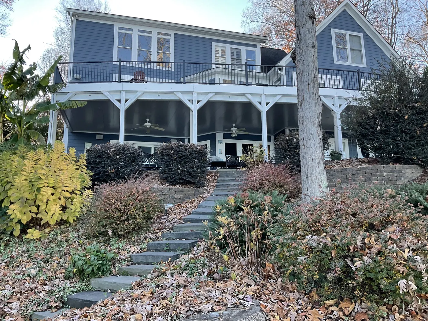 Multi-level deck on the back of a two-story home