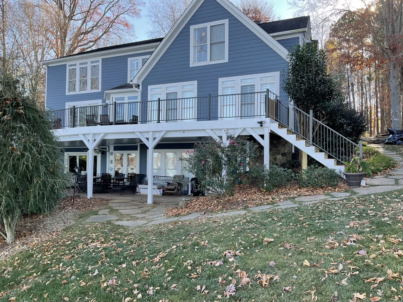 Two-level deck with stairs down to the yard